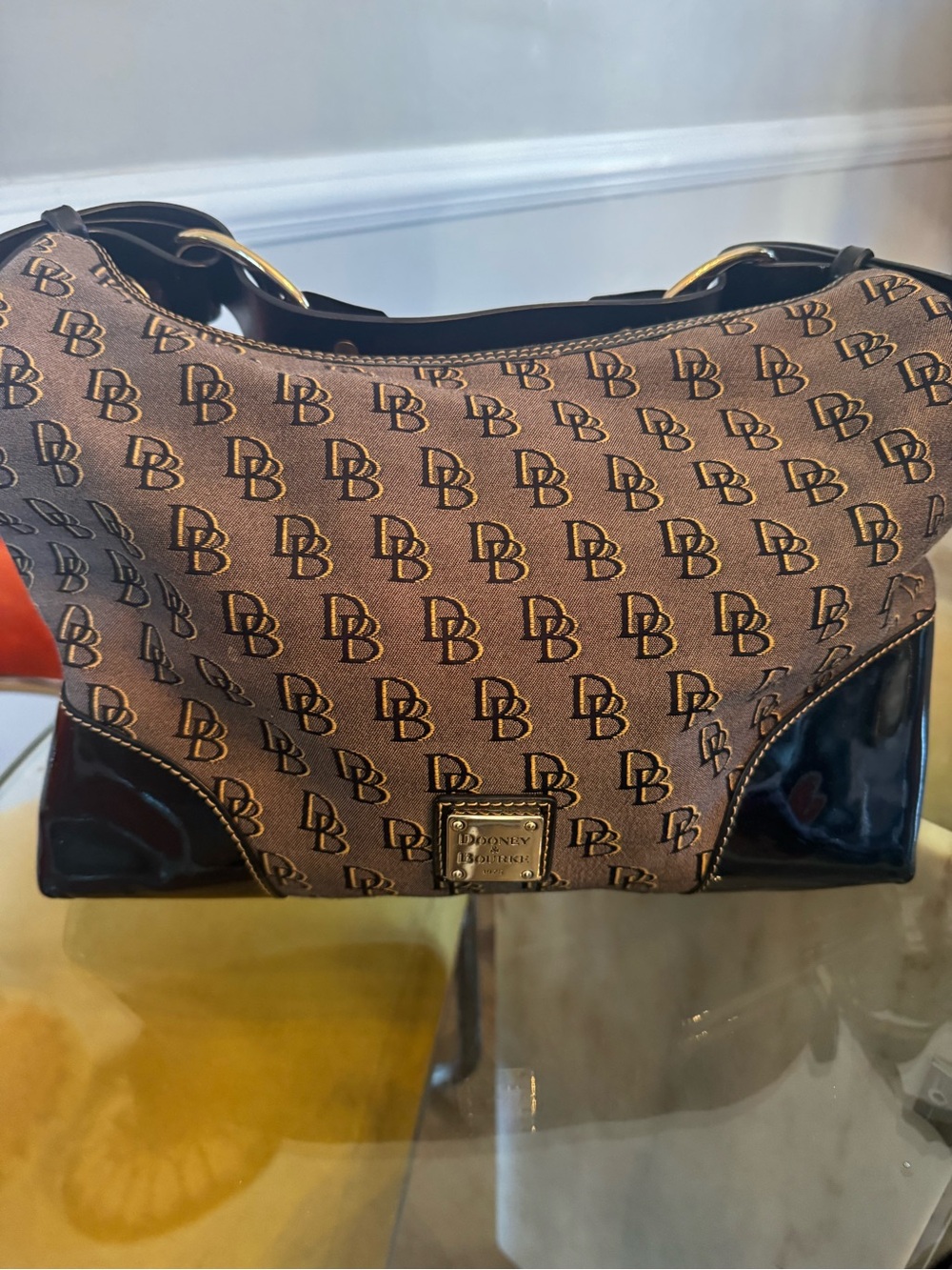 Dooney & Bourke Brown Monogram Shoulder Bag with Black Patent Accents
